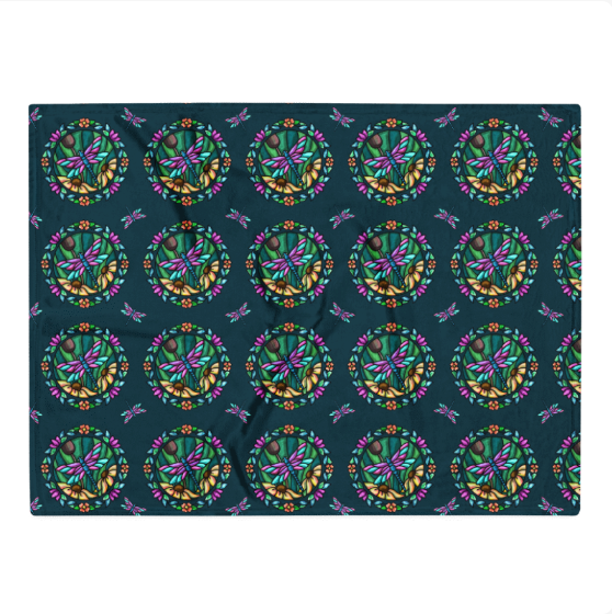 Dragonfly Floral Deep Teal Throw Blanket