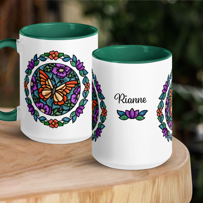 Personalized Butterfly Floral Mug with Color Inside - Green