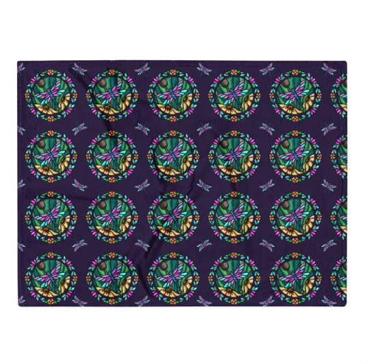 Dragonfly Floral Egglplant Purple Throw Blanket