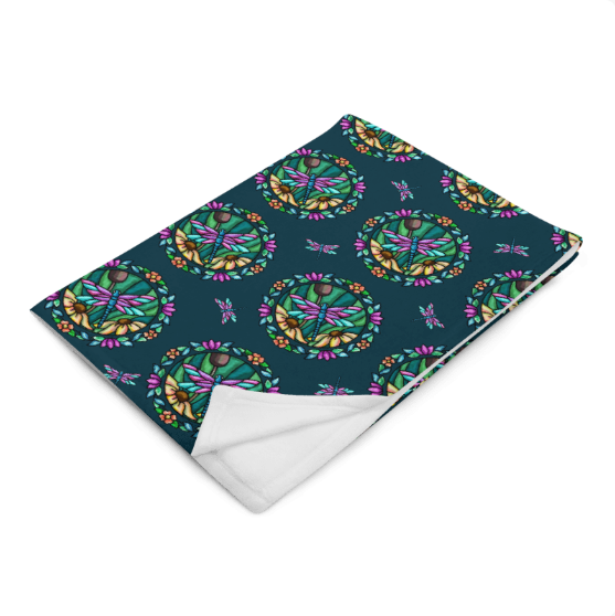 Dragonfly Floral Deep Teal Throw Blanket
