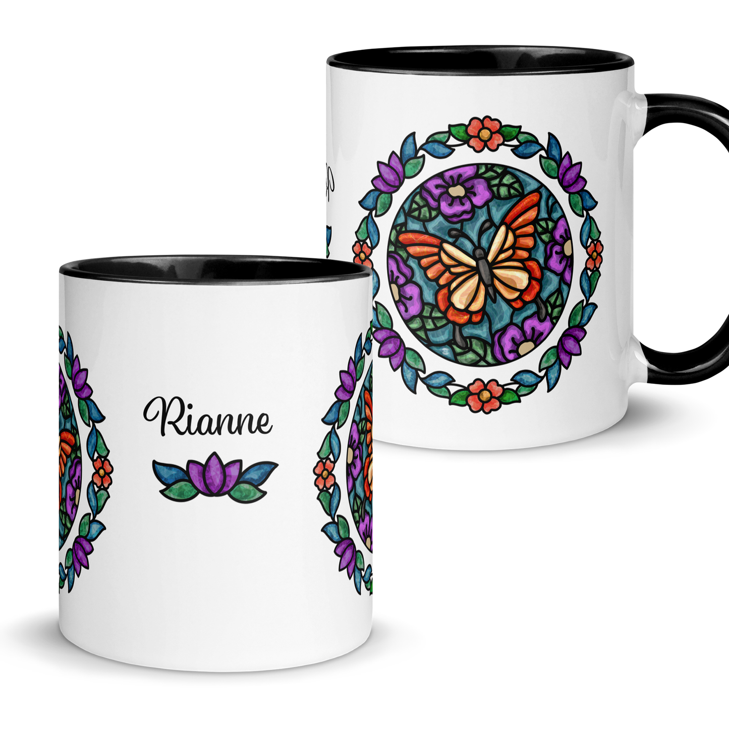 Personalized Butterfly Floral Mug with Color Inside - Black