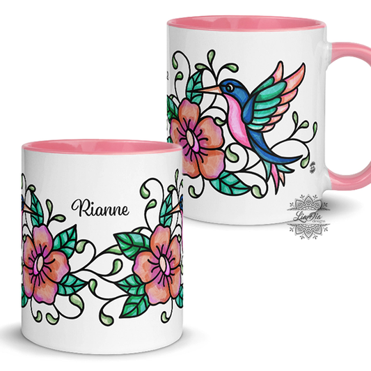 *Personalized Hummingbird Coral Pink Floral Mug with Color Inside