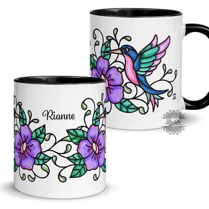 Personalized Hummingbird Purple Floral Mug with Color Inside