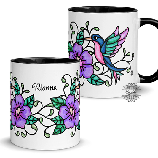 Personalized Hummingbird Purple Floral Mug with Color Inside