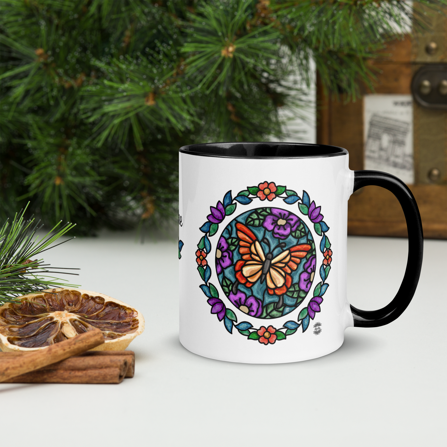 Personalized Butterfly Floral Mug with Color Inside - Black