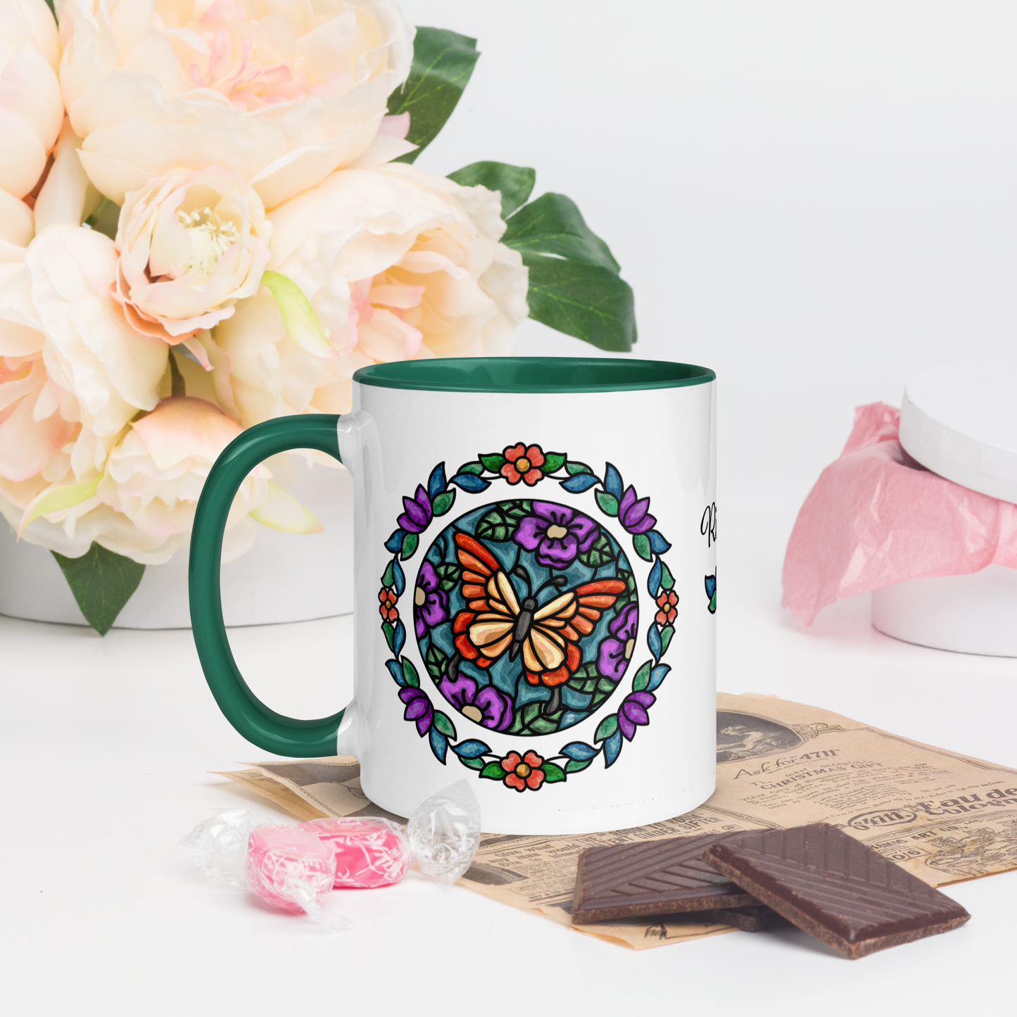 Personalized Butterfly Floral Mug with Color Inside - Green